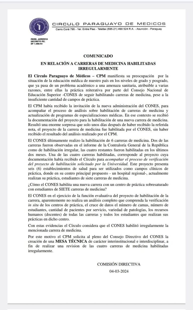 Comunicado del Círculo Paraguayo de Médicos sobre habilitación de carreras de Medicina.