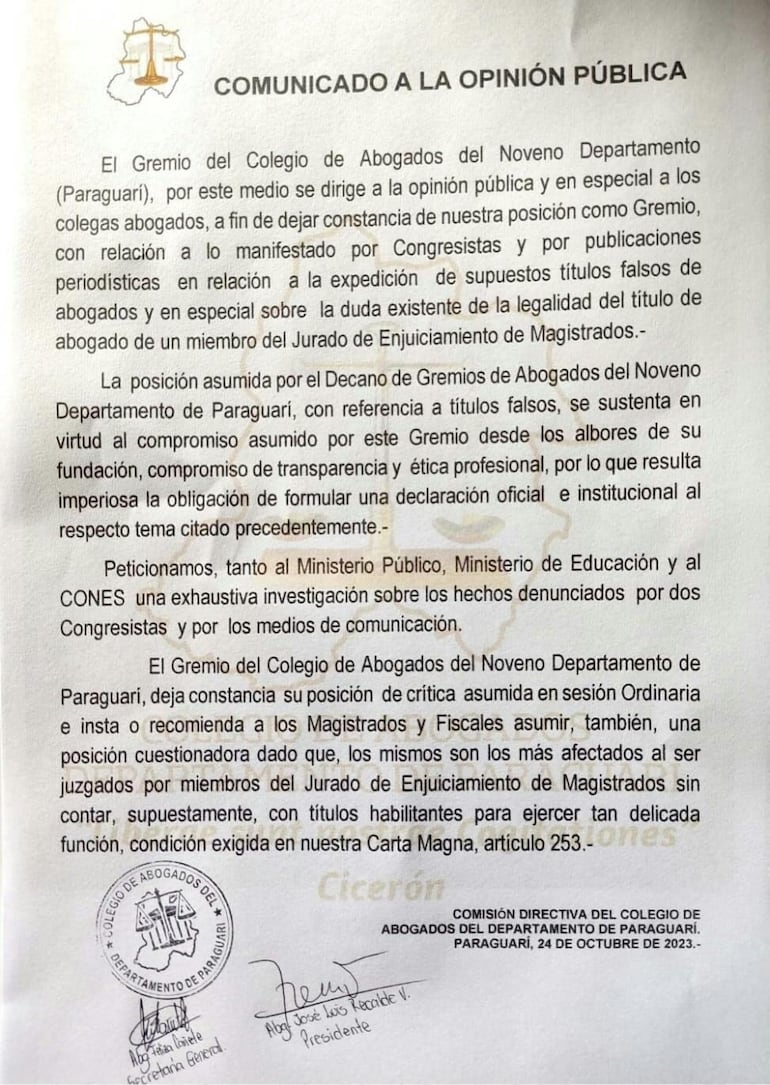 Comunicado de abogados de Paraguarí
De	emilce ramirez <emilce.ramirez1970@gmail.com>
Destinatario	foto@abc.com.py
Fecha	24-10-2023 12:49