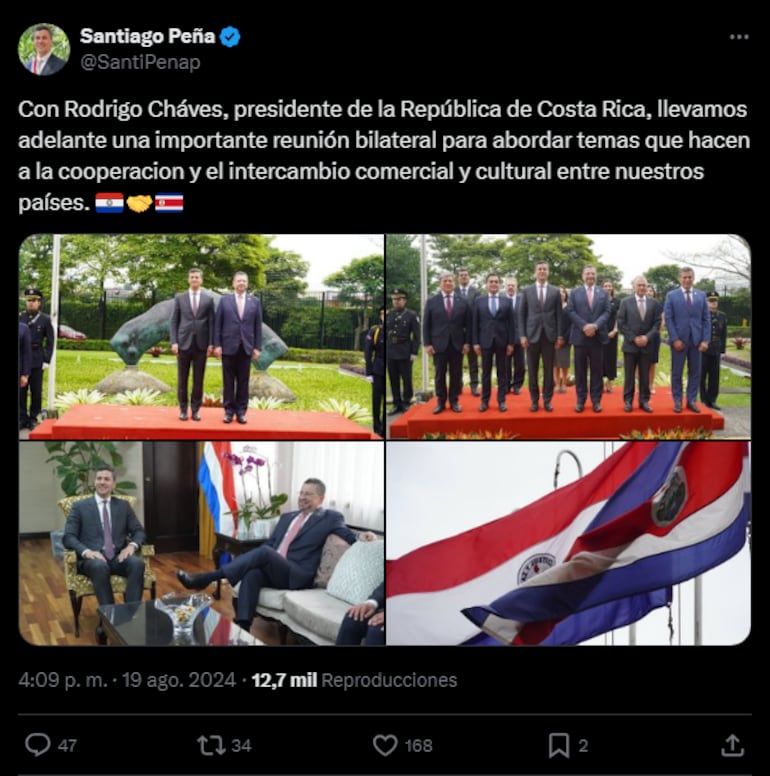 Santiago Peña, Presidente de la República, publicó fotos de su reunión con su par de Costa Rica, Rodrigo Cháves, pero no se pronunció sobre muerte del diputado de su movimiento, Eulalio "Lalo" Gomes durante un enfrentamiento con la Policía Nacional.