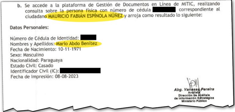 El encabezado presenta al diputado colorado Mauricio Espínola, pero los datos son del expresidente Mario Abdo Benítez.