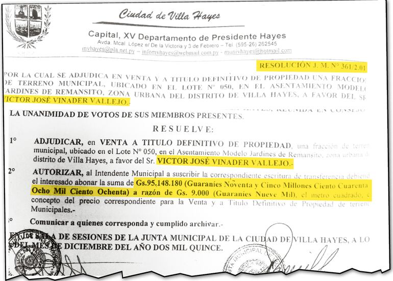 La otra disposición N° 361/2015 que beneficia a Víctor José Vinader.