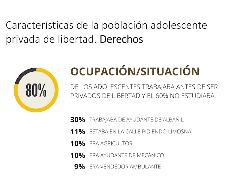 El Mecanismo Nacional de Prevención de la Tortura muestra en está gráfica que la mayoría, más del 90% de los adolescentes privados de libertad se encontraba en una situación de pobreza o pobreza extrema, sin culminar la educación primaria y realizando trabajos informales.