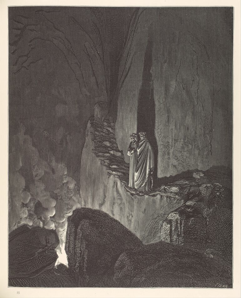 Cpntemplando las llamas de la fosa. 
(Grabado de Gustave Doré para la Divina Comedia de Dante Alighieri)