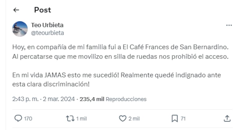 Teo Urbieta denunció discriminación en una cafetería de San Bernardino.