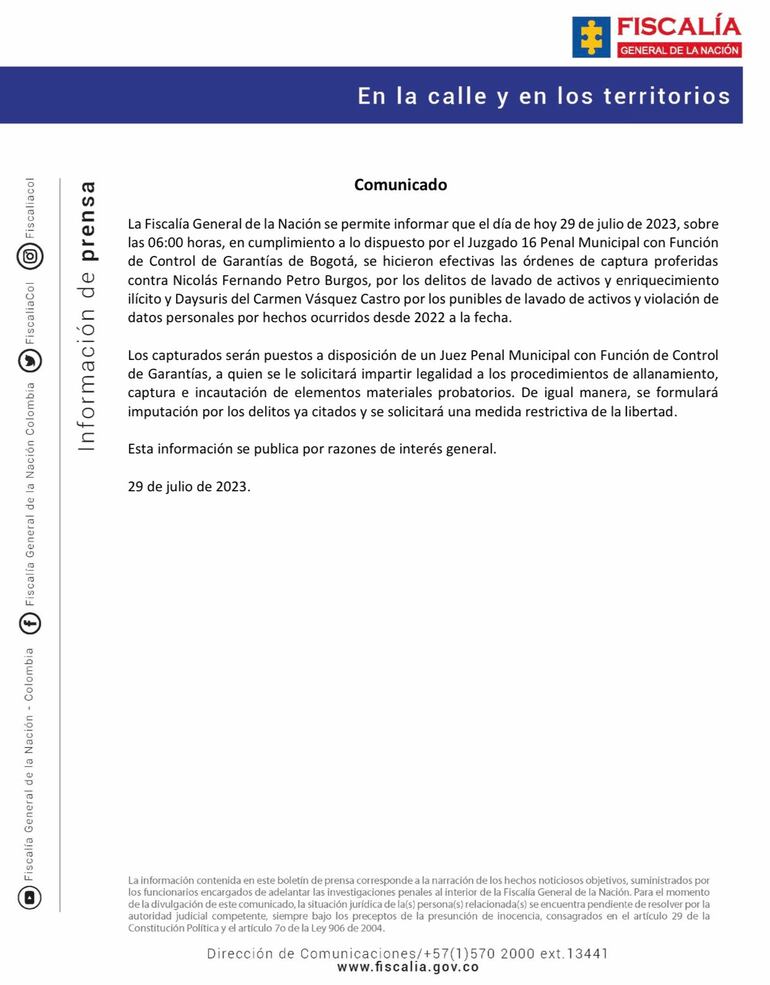 Fiscalía colombiana informa la detención del hijo y la exesposa del presidente Gustavo Petro.