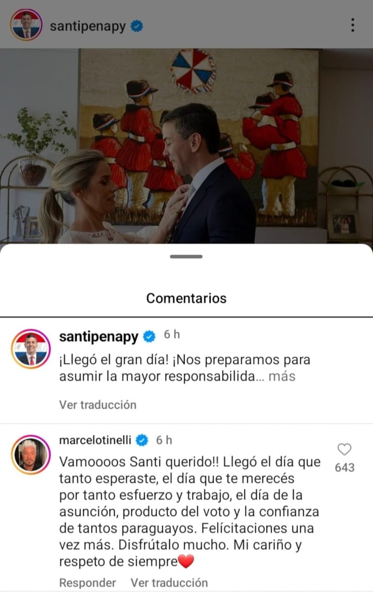 La publicación de Santiago Peña donde se puede leer el comentario de Marcelo Tinelli. (Instagram/Santiago Peña)