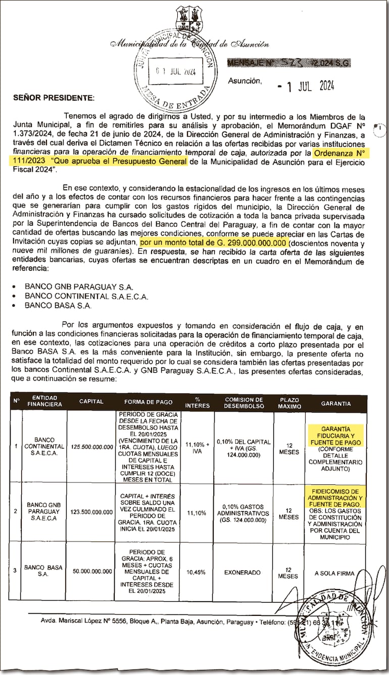 Mensaje de la Intendencia en el que remite las tres ofertas de bancos elegidas.