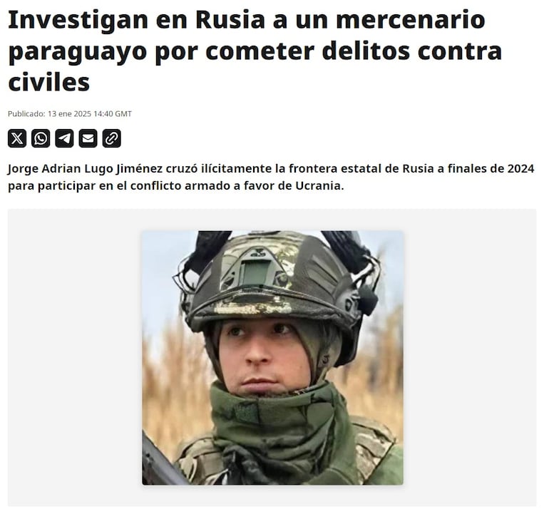 La publicación del medio RT sobre el "mercenario paraguayo".