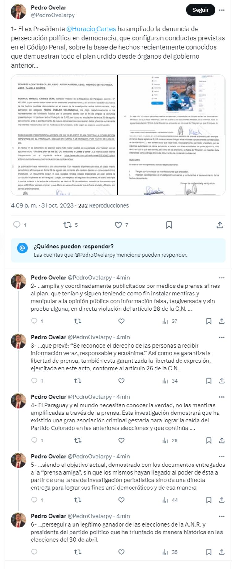 Tweet de Pedro Ovelar, quien en representación de Horacio Cartes, amplía su denuncia contra el gobierno anterior y medios de prensa por una supuesta "persecución política" en contra del expresidente de la República y actual presidente de la ANR.