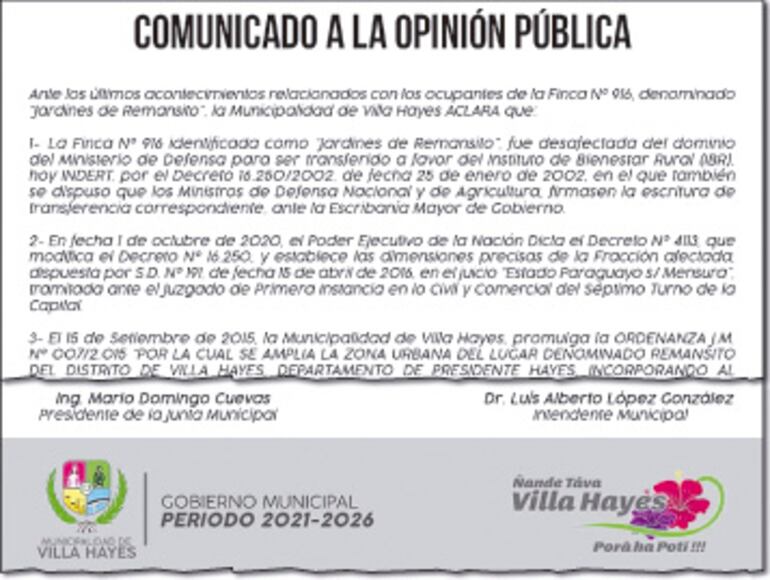 Parte de lo que dice el comunicado que sería difundido hoy por la Comuna de Villa Hayes en una rueda de prensa, a las 11.