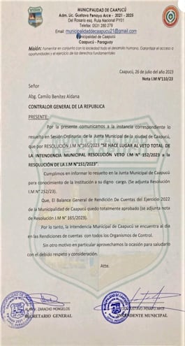 La nota remitida por el intendente Gustavo Penayo Arce (ANR), a la CGR, expresando que tiene aprobada su rendición de cuentas.