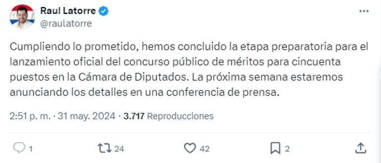 Tweet Raúl Latorre, presidente de la Cámara de Diputados sobre concurso de méritos para 50 cargos vacantes.