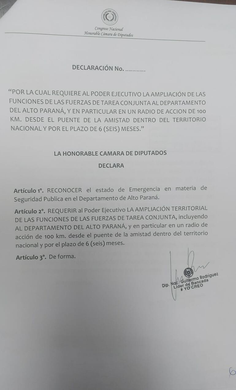 Declaración aprobada ayer en Diputados pidieron que la FTC opere en el este del país.