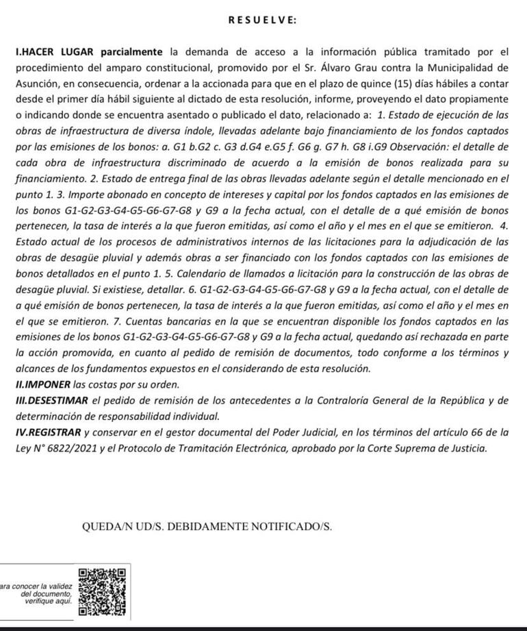 Sentencia que resuelve la acción de Amparo promovida por el concejal Álvaro Grau.