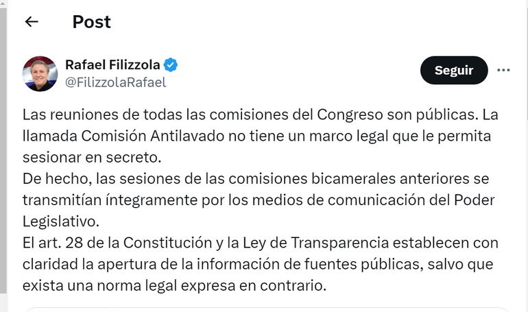 Posteo del senador Rafael Filizzola (PDP) sobre la Comisión Garrote.