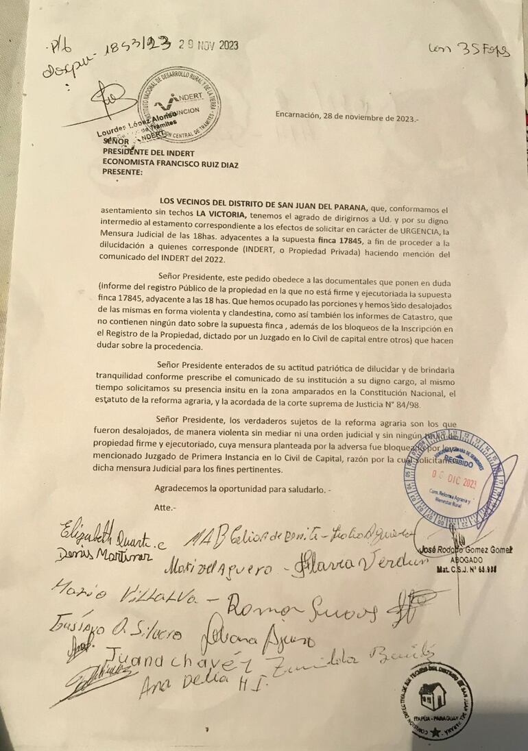 Pedido de mensura presentado ante el Indert en noviembre pasado. Su resultado es vital en un proceso por supuesta invasión de inmueble ajeno.