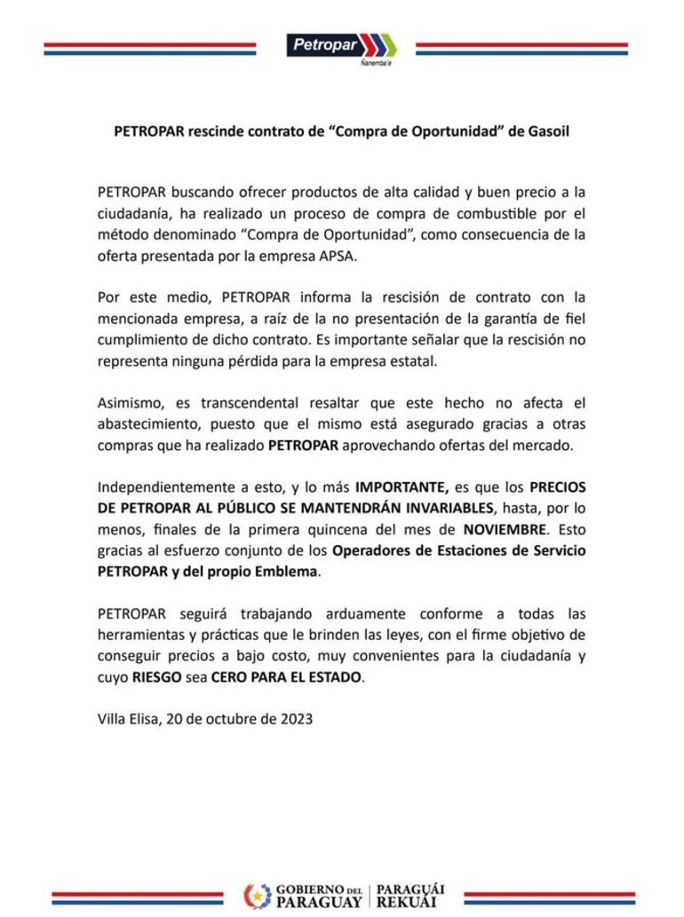Comunicado de Petropar sobre resinción de contrato de compra directa de gasoil con empresa de Andrea Lafarja.