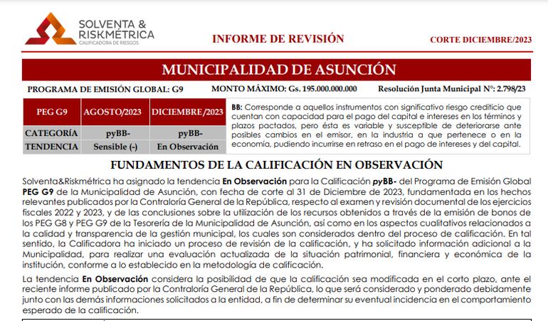 Informe de revisión emitido por la calificadora de riesgo respecto a la calificación de la Municipalidad de Asunción, a cargo de Óscar "Nenecho" Rodríguez (ANR - HC).