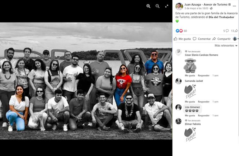 Fotografía compartida en Facebook por Azuaga en el que se lo ve a él junto al equipo de "Asesoría de Turismo" de la Binacional, en la que destacan Tathy y Tiffany.