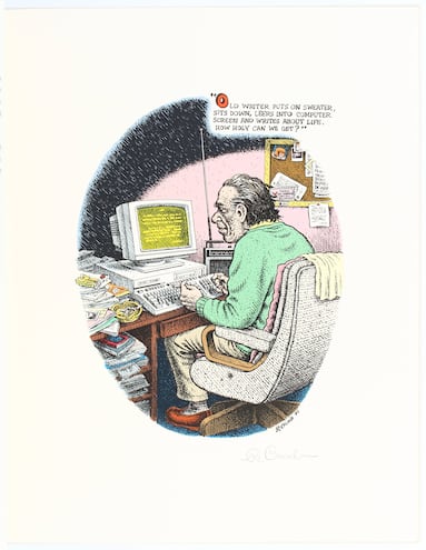 Charles Bukowski frente a su computadora, regalo de Navidad de 1990, dibujado por Robert Crumb (The Captain is Out to Lunch and the Sailors Have taken Over the Ship, Santa Rosa, Black Sparrow, 1997).