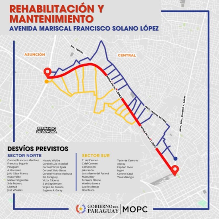 Estos serán los desvíos por obras sobre Mcal. López.