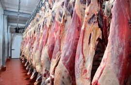 Carne bovina al gancho, en un frigorífico de Paraguay