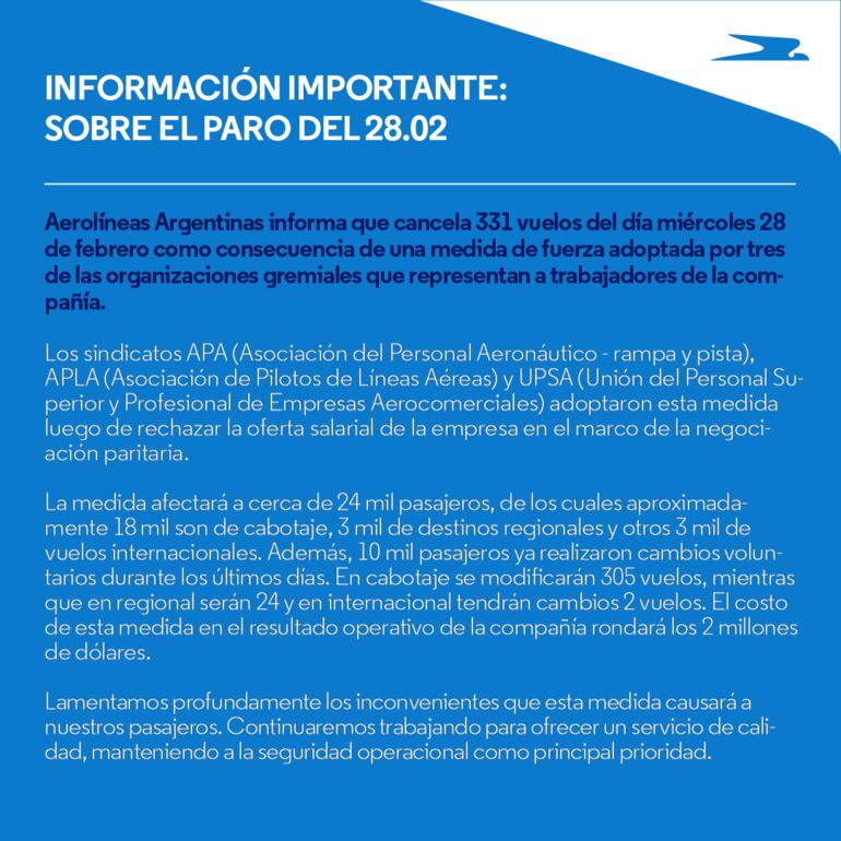 Comunicado de Aerolíneas Argentinas.