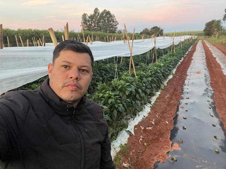 El productor Máximo González mostrando su cultivo cubierto con manta térmica.