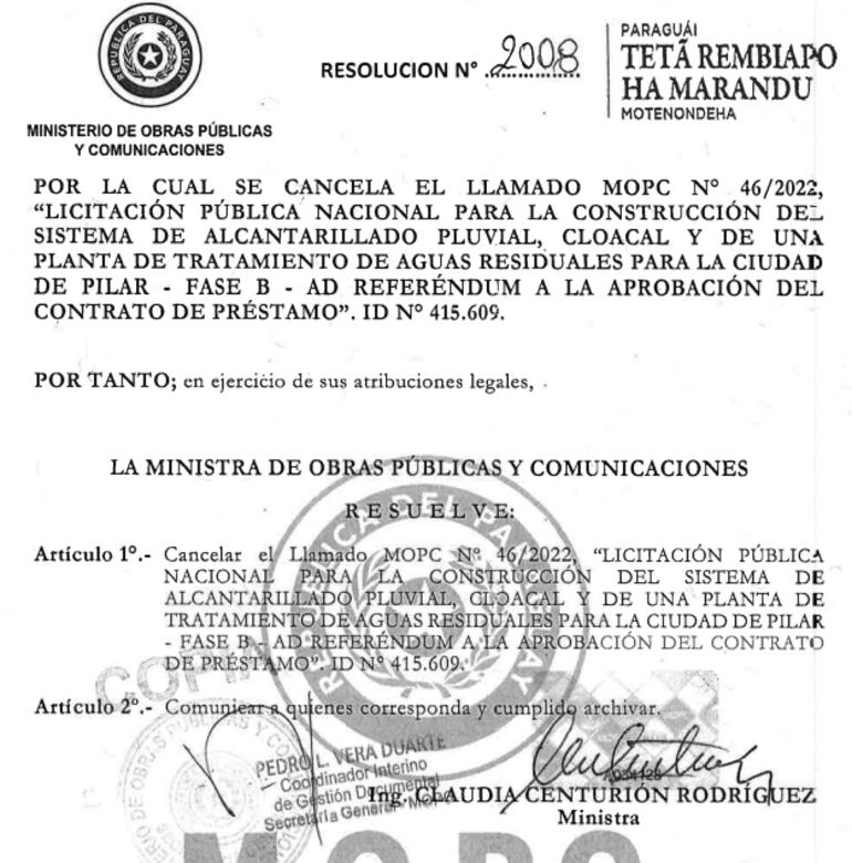 Resolución de la ministra Claudia Centurión que canceló la licitación para la "fase b" de la defensa costera de Pilar