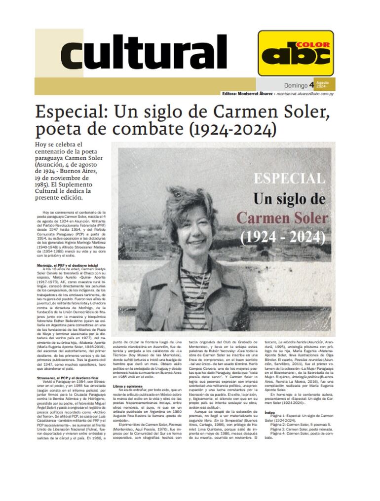 En su centenario, El Suplemento Cultural de ABC Color le dedica un número especial a la poeta y luchadora social Carmen Soler