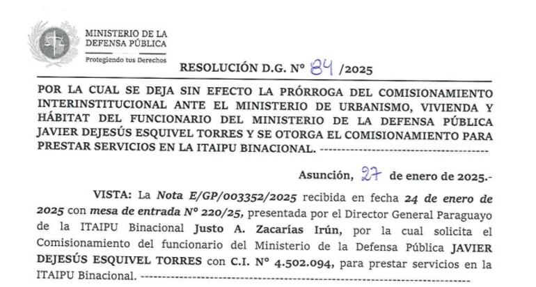 Resolución del comisionamiento del hijo del defensor general a la Itaipú Binacional desde enero pasado.