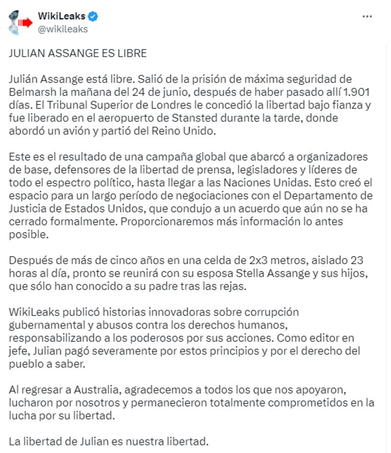 Publicación de la cuenta de X de WikiLeaks.