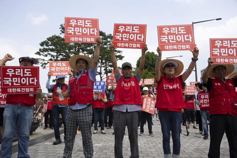 Miembros de la Asociación de productores de Carne de Perro de Corea del Sur organizó este jueves una protesta contra la próxima entrada en vigor de la ley que prohíbe la cría, matanza, distribución y venta de ese tipo de carne para consumo humano.