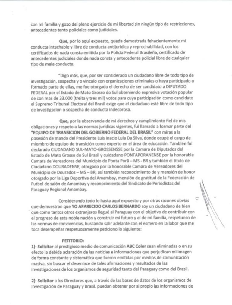 Carta de Aparecido Carlos Bernardo