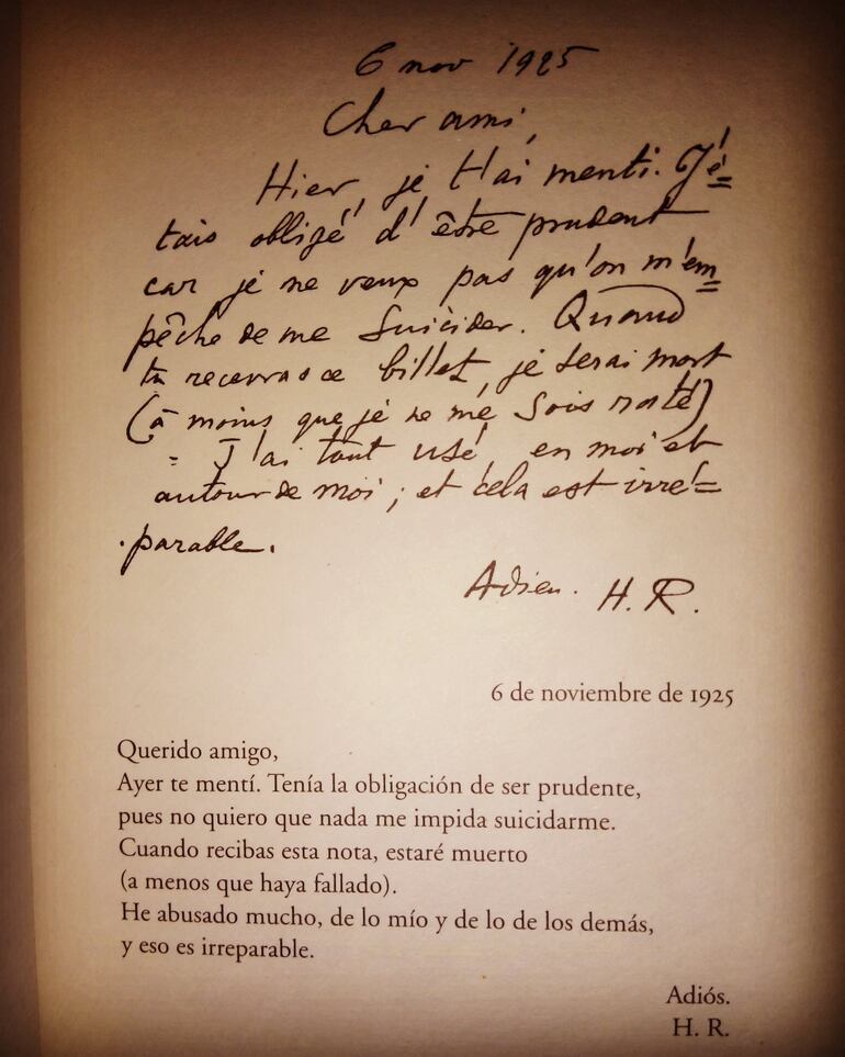 Facsímil de la nota escrita por Henri Roorda la víspera de su suicidio. De la edición de "Mi suicidio" impresa en 2020 por Trama Editorial.