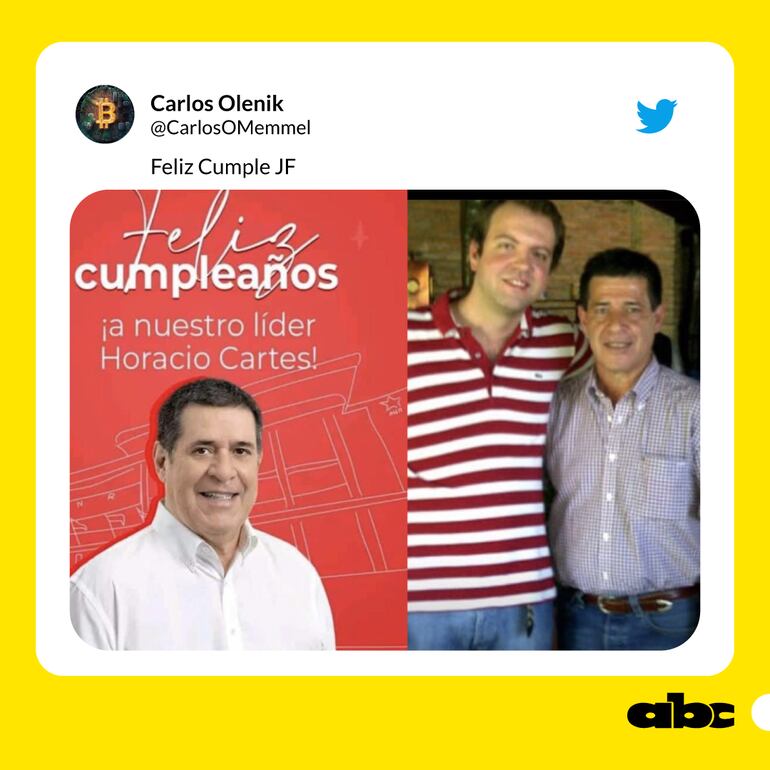 Tuit de Oleñik Memmel, felicitando a su "jefe", Horacio Cartes el pasado 5 de julio por su cumpleaños.