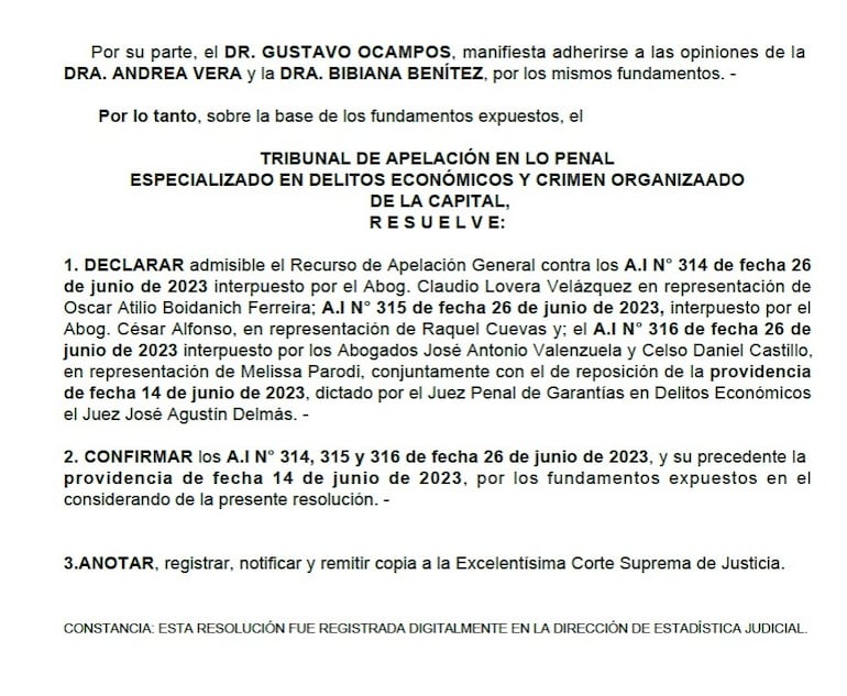 Parte resolutiva de la decisión del Tribunal de Apelaciones.