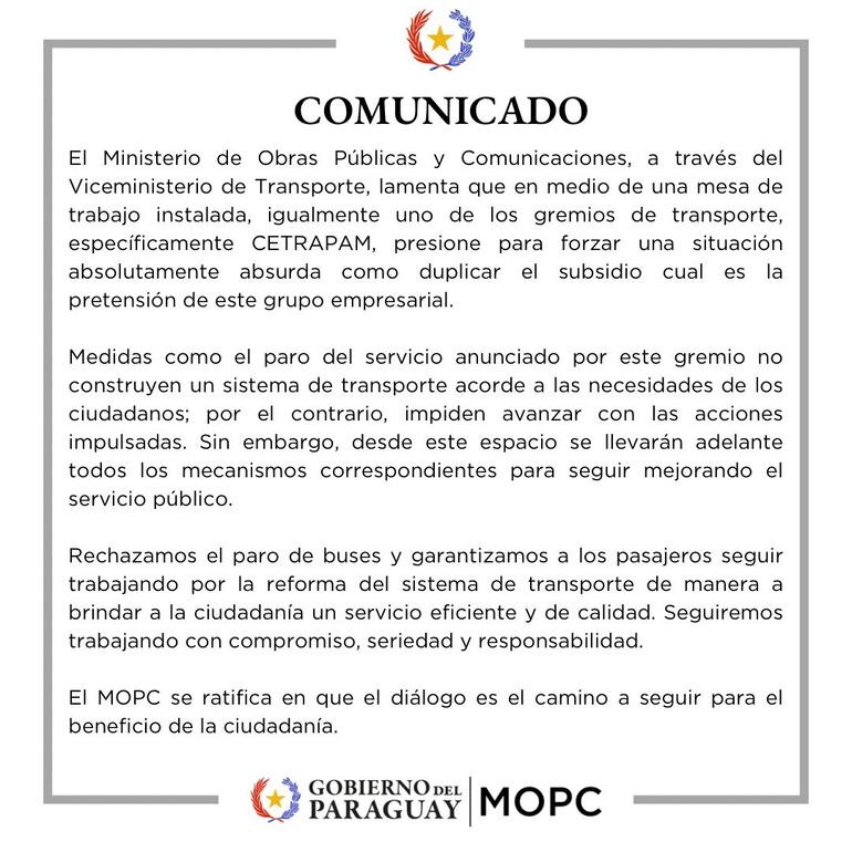 Comunicado del MOPC sobre el anuncio de paro del servicio de transporte.