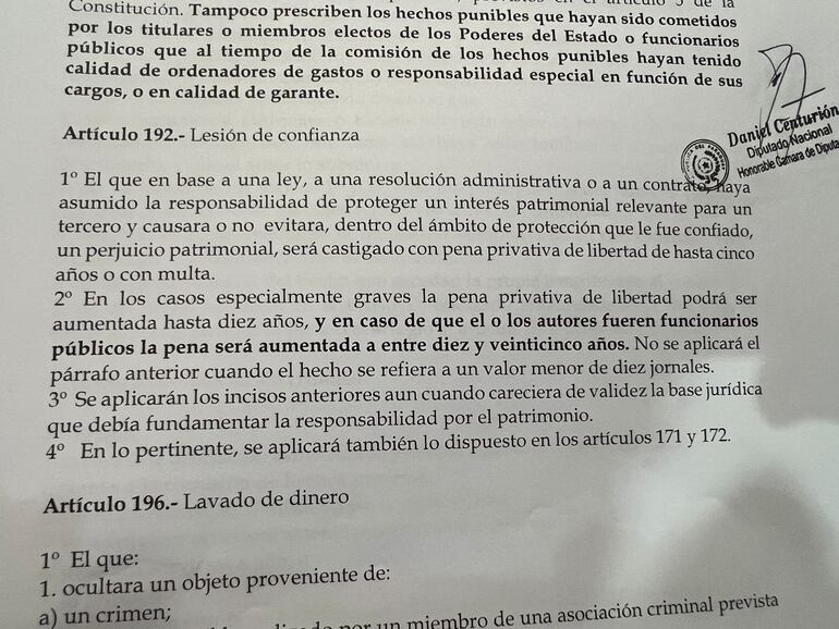 Parte del proyecto de ley presentado por Daniel Centurión con el que pretende aumentar las penas que podrían llegar hasta los 25 años. (gentileza).