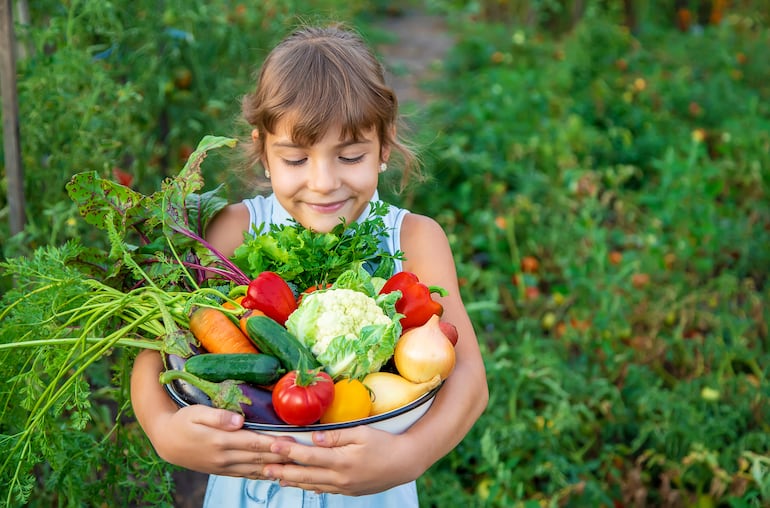 Una niña de unos 8 años, parada en medio de una huerta verde, sonríe mientras sostiene un bowl cargado con verduras como zanahorias, lechuga, coliflor, pepino, cebolla, tomate, berenjena y más.