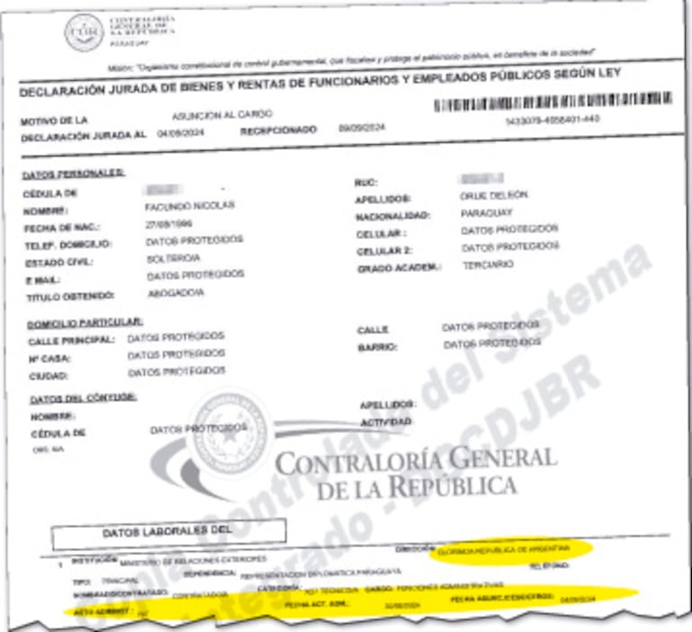 Detalles de la declaración jurada presentada por Orué Deleón el 4 de setiembre  último, un mes antes del nacimiento de su hija.