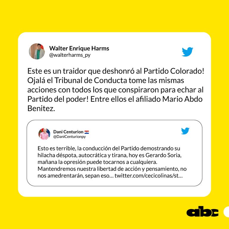 Tuit del diputado Walter Harms pidiendo la expulsión de Mario Abdo Benítez del Partido Colorado.