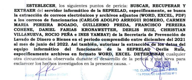 Resolución de la jueza de Garantías Clara Ruiz Díaz que ordena la extracción de datos de correos y computadores de Seprelad.