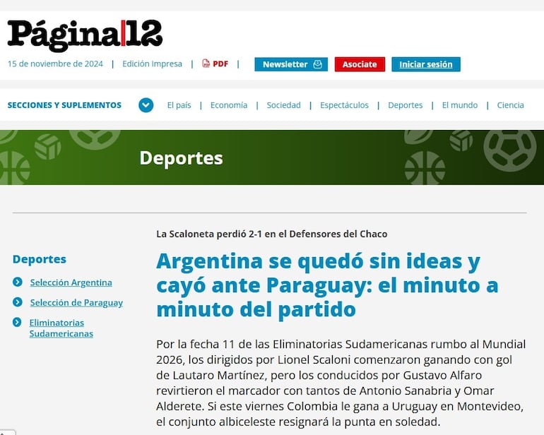 Las portadas de los medios argentinos después de la victoria 2-1 de Paraguay sobre Argentina por las Eliminatorias Sudamericanas 2026.