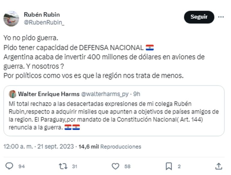 Rubén Rubín asegura que no pide ir a la guerra, sino tener "Defensa Nacional".