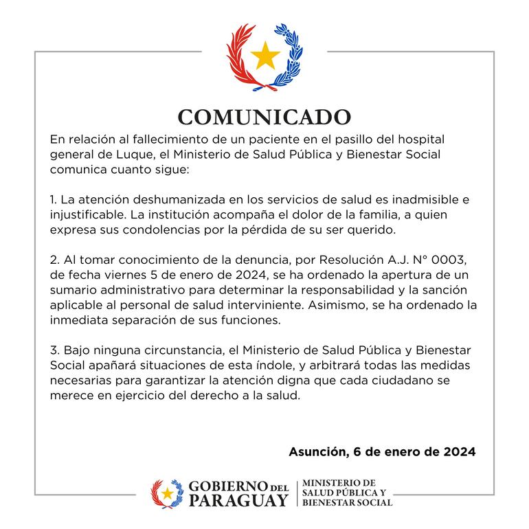 Comunicado de Salud Pública tras el fallecimiento de un hombre en el Hospital de Luque.