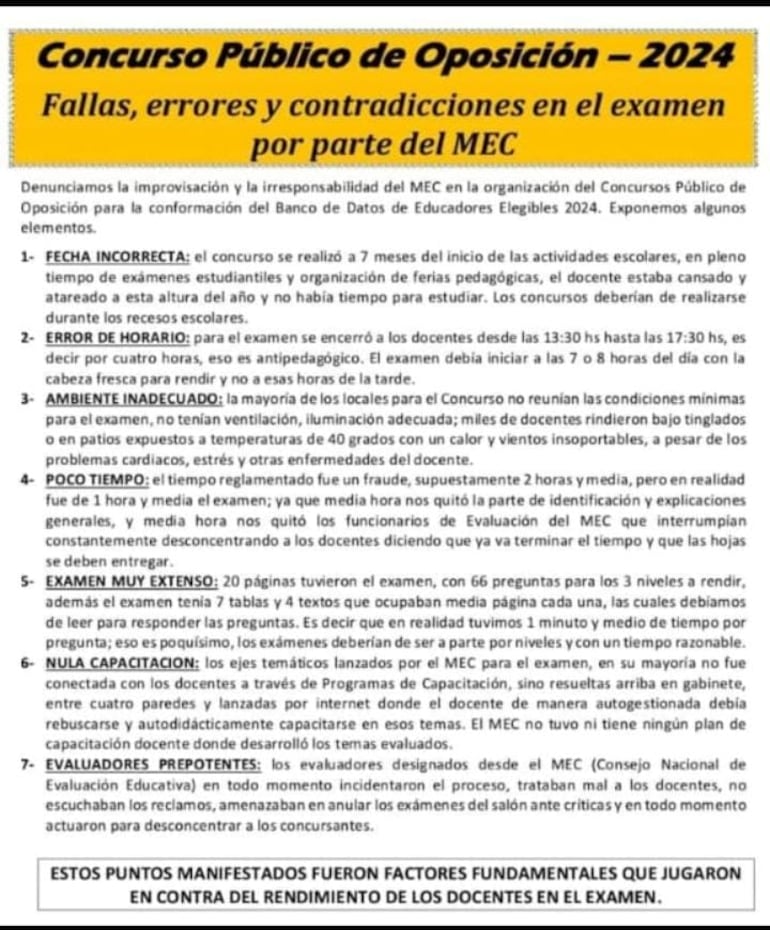 En este comunicado, docentes criticaron puntos del concurso del MEC.