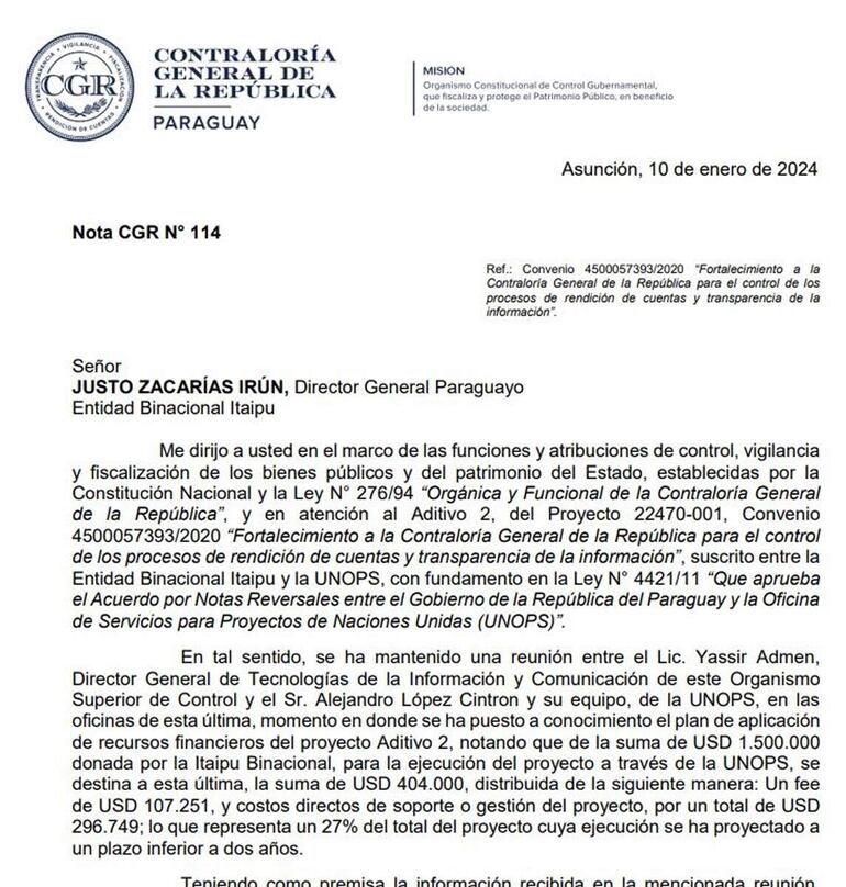 Documento que remitió Contraloría en que muestra el porcentaje con el que se queda la  Unops