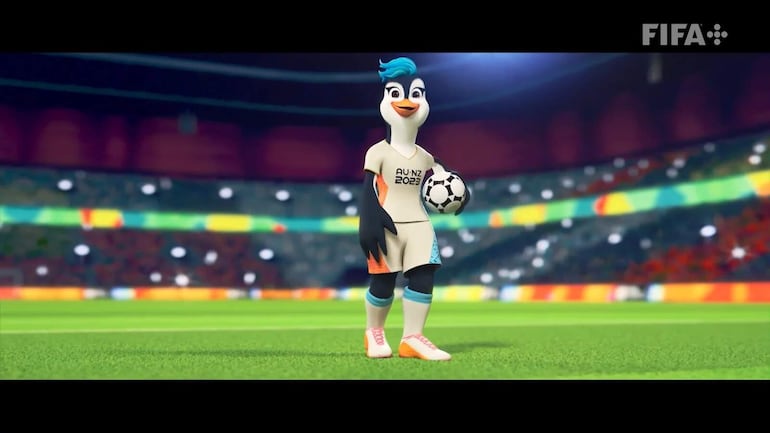 Tazuni, la mascota oficial del Mundial Femenino 2023 que representa a una futbolista pingüino.