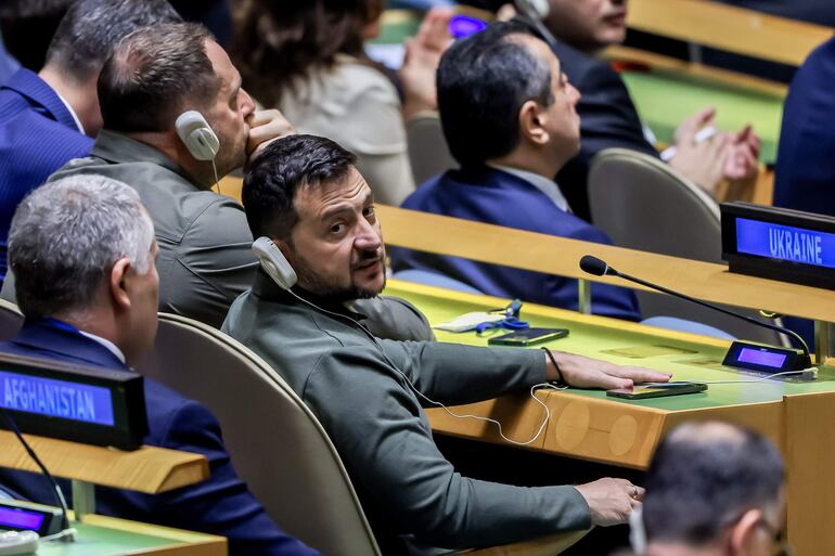 El presidente de Ucrania, Volodymyr Zelensky, durante la sesión inaugural de la 78° sesión de la Asamblea General de la ONU.  